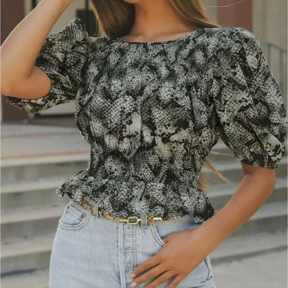 Free People Women's Cotton XOXO Snake Printed Smocked Crop Top Black Size Large